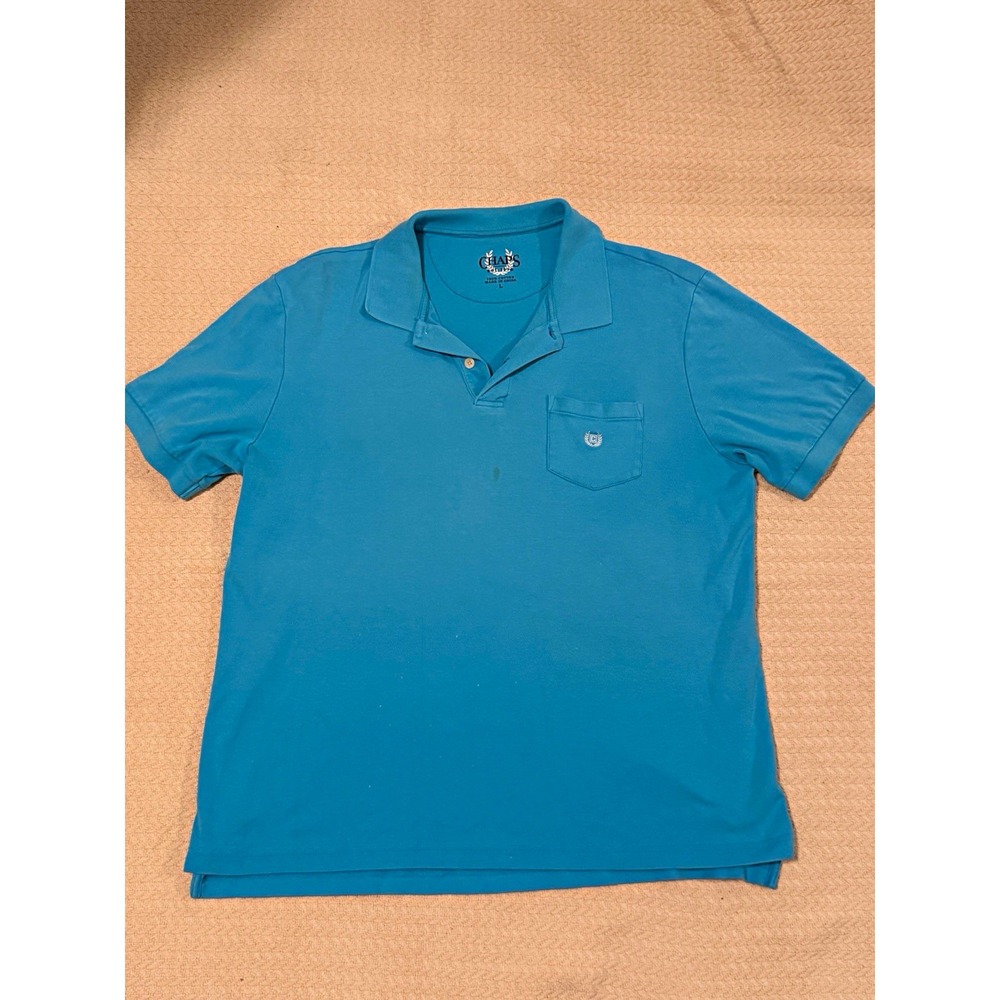 Chaps Men's Blue Polo Shirt L Regular Short Sleeve Collared Solid Cotton Button